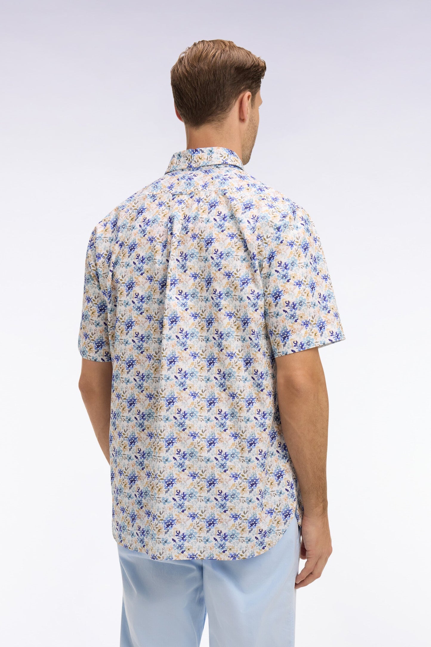 Chemise à manches courtes en popeline et chambray à motif floral bleu