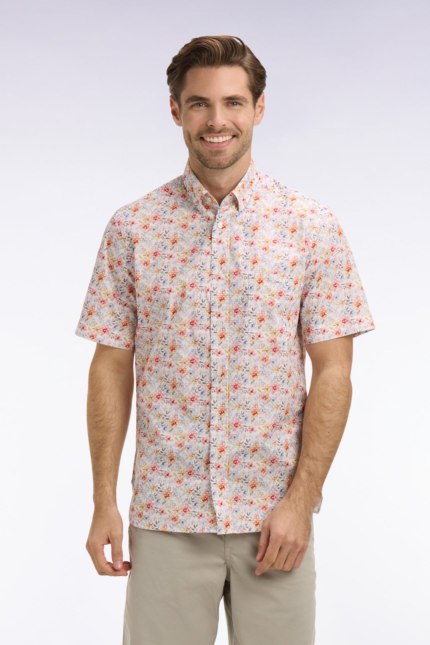 Chemise à manches courtes en popeline et chambray à motif floral orange
