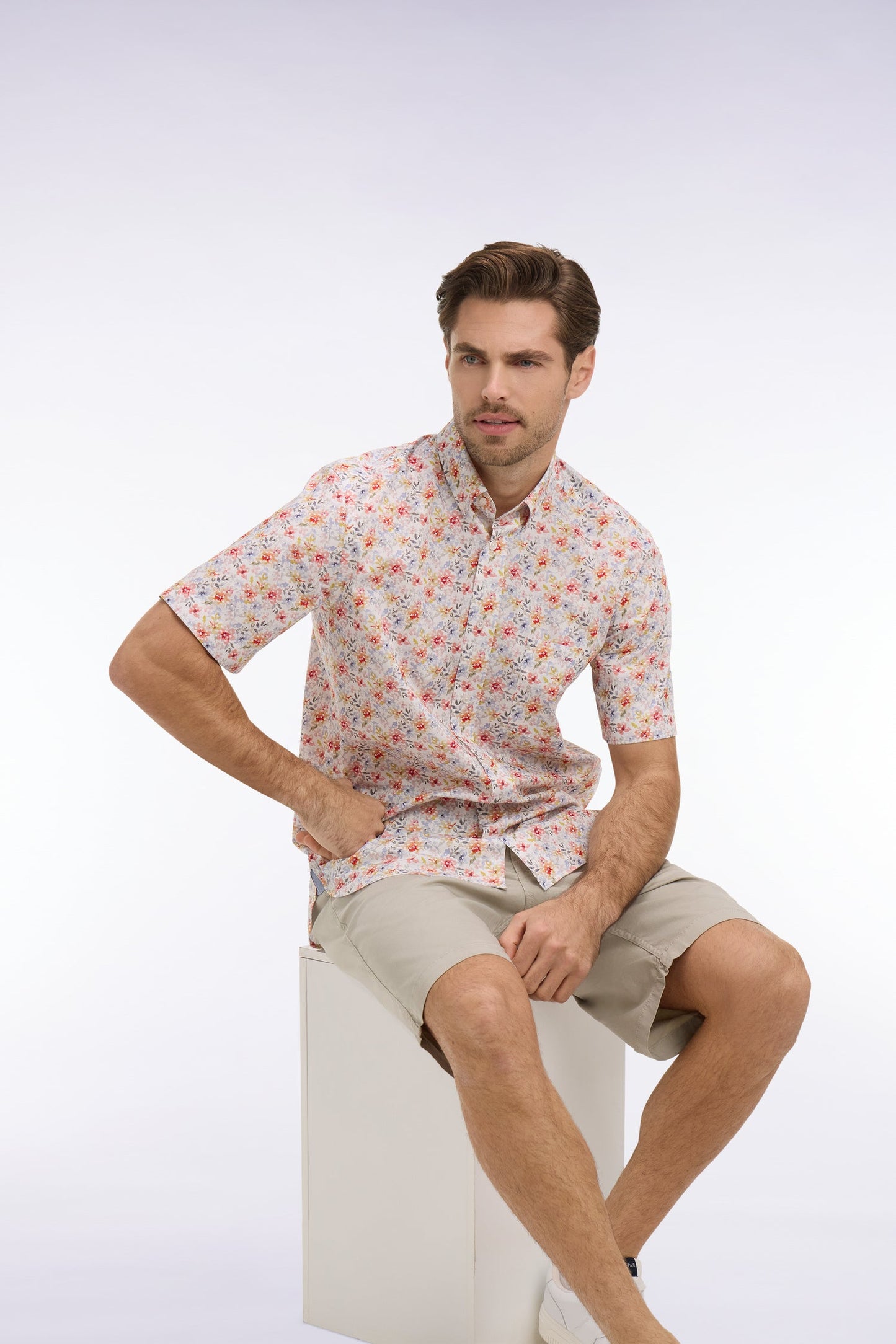 Chemise à manches courtes en popeline et chambray à motif floral orange