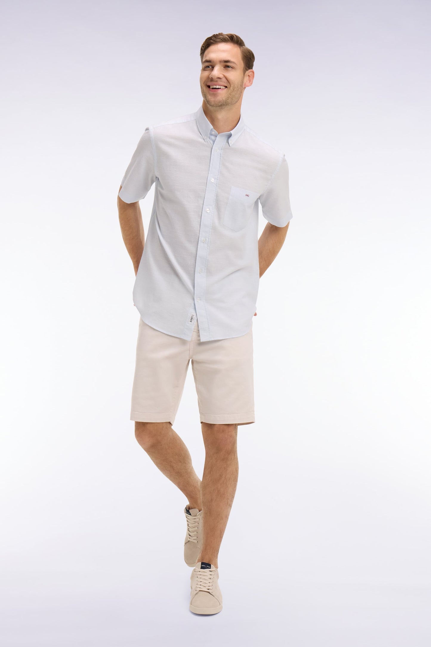 Chemise à manches courtes en coton jacquard rayé bleu ciel