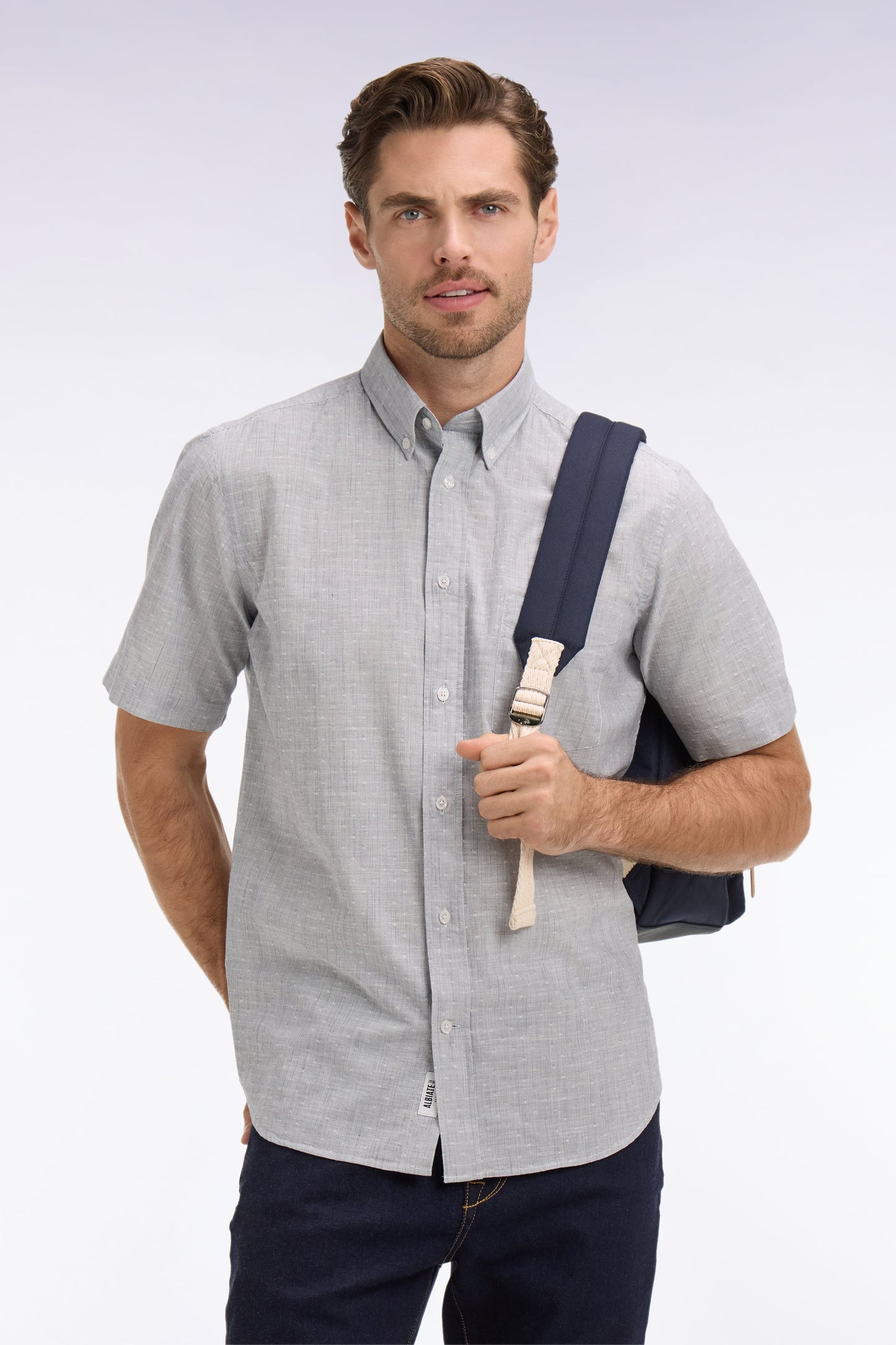 Chemise à manches courtes en coton jacquard rayé marine