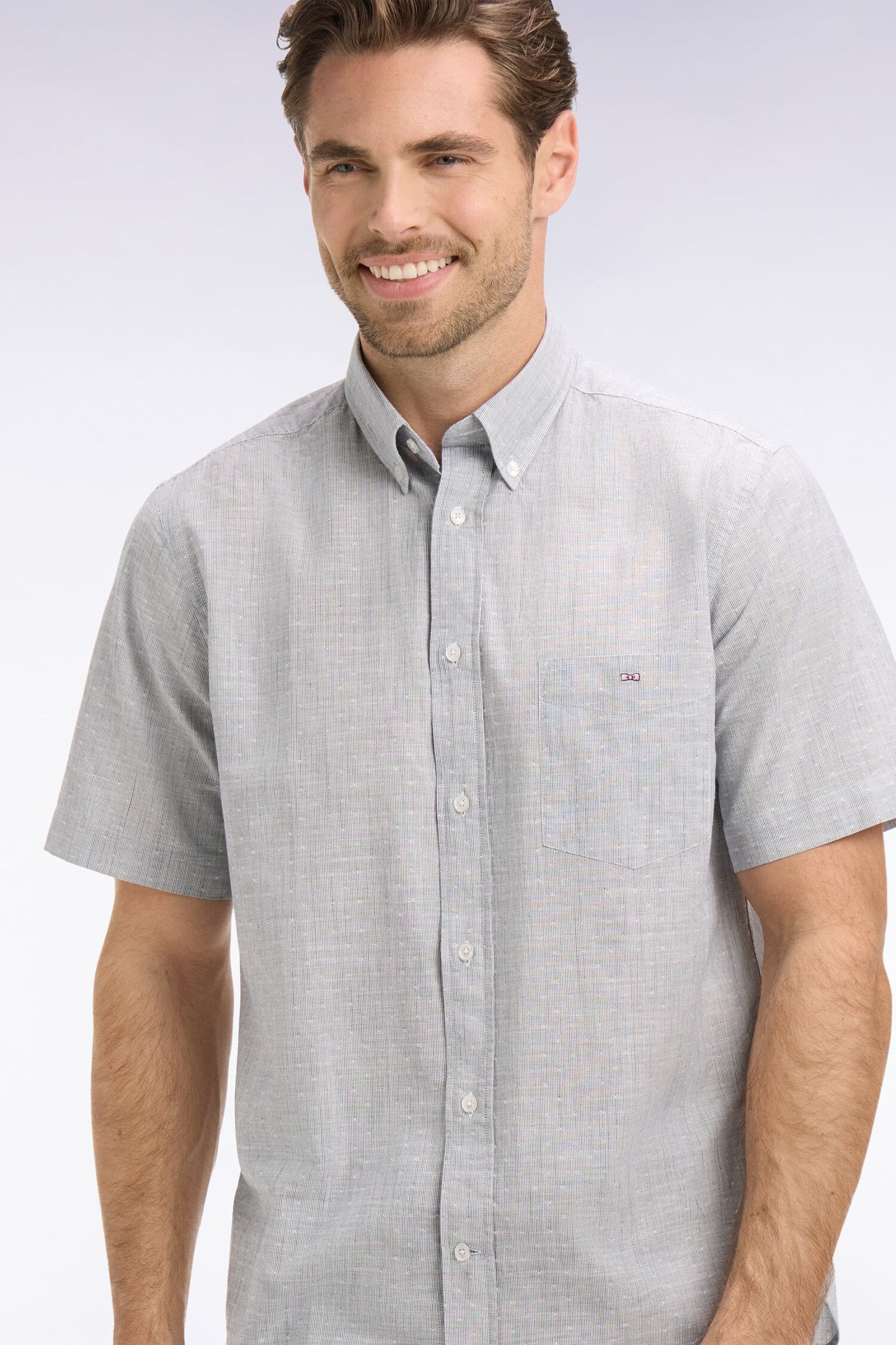 Chemise à manches courtes en coton jacquard rayé marine