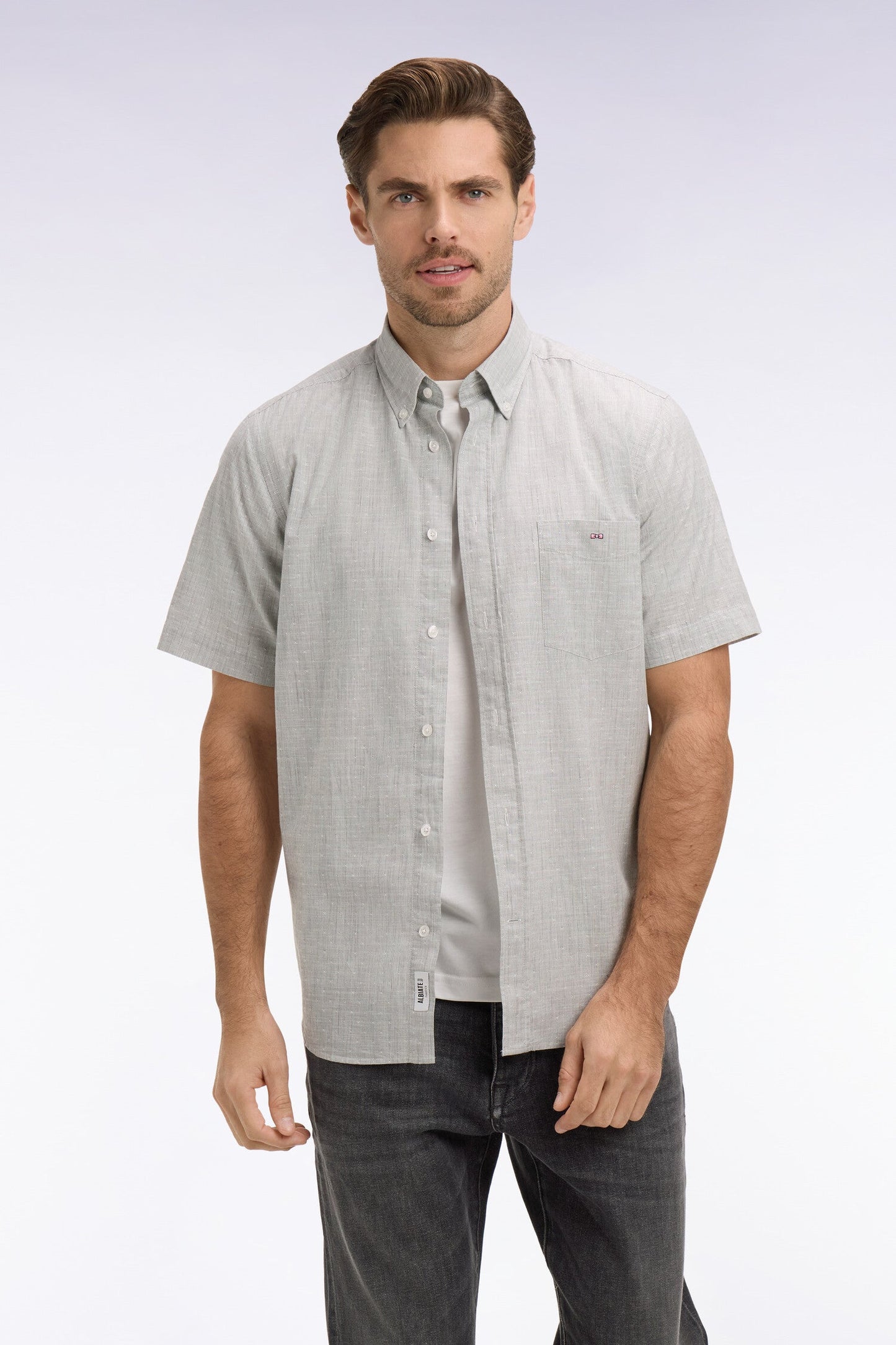 Chemise à manches courtes en coton jacquard rayé kaki