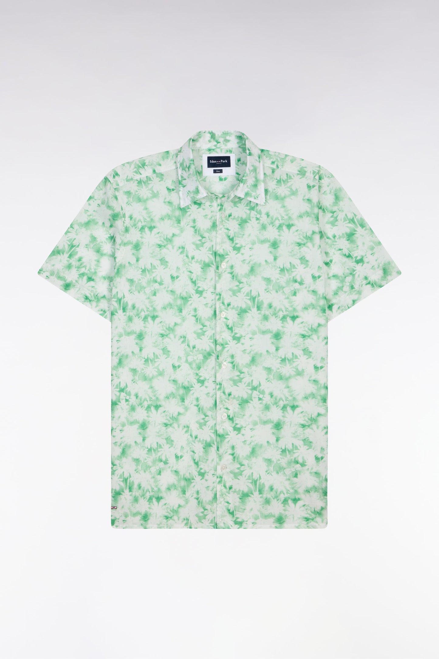 Chemise à manches courtes en popeline de coton à motif floral vert coupe slim