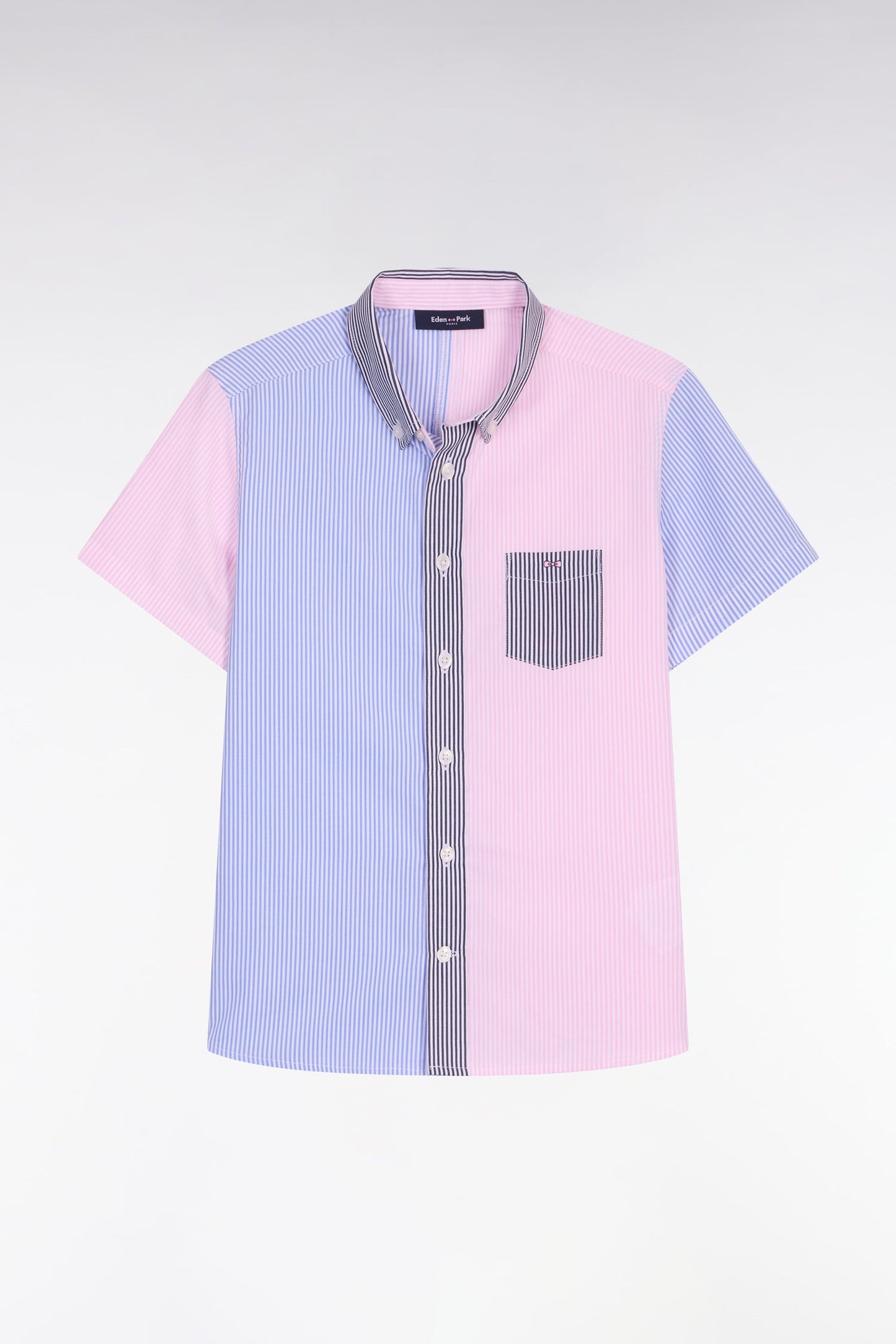 Chemise à manches courtes en coton rayé rose et ciel