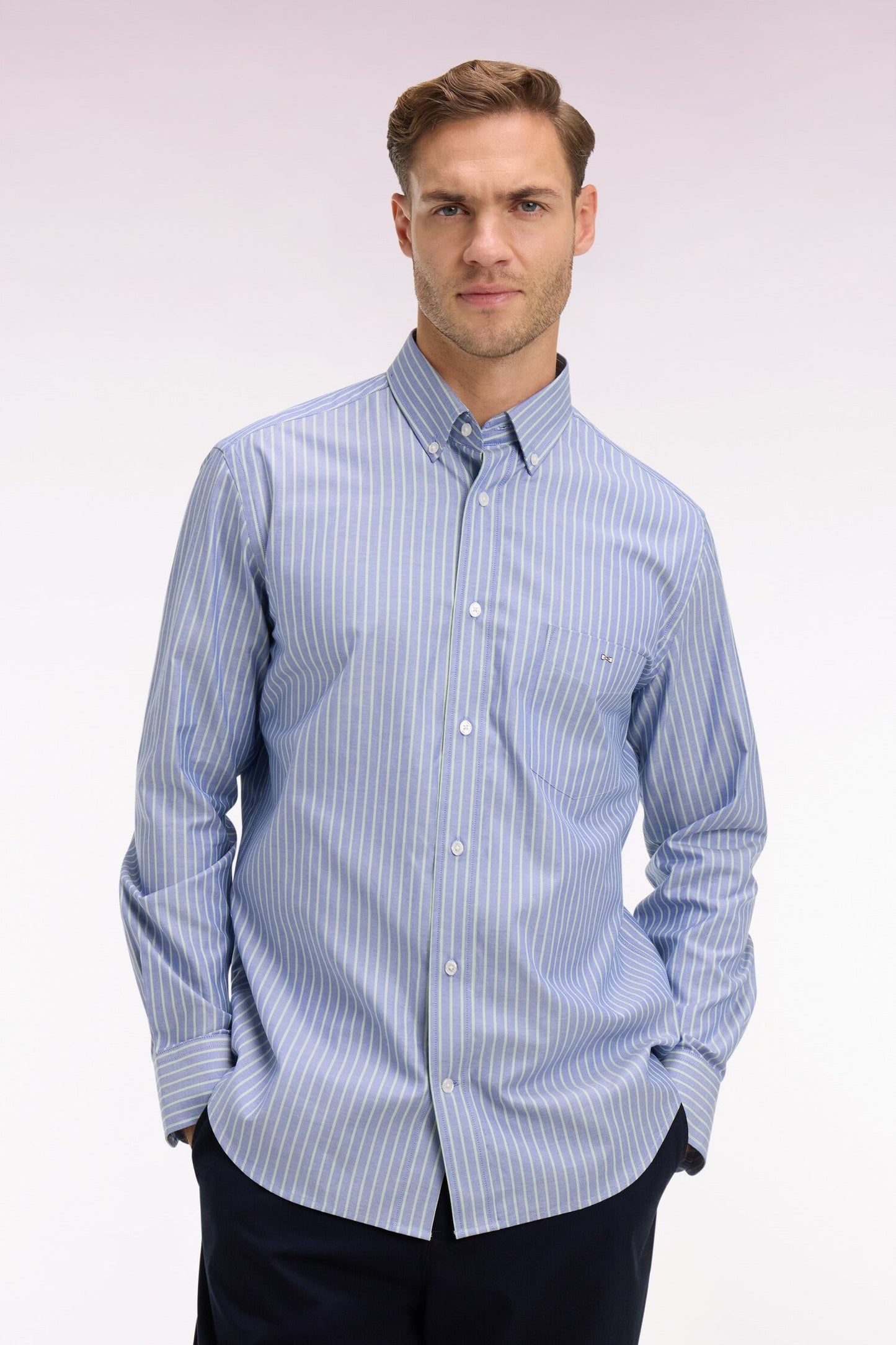 Chemise en coton pinpoint à rayures vert d'eau coupe regular