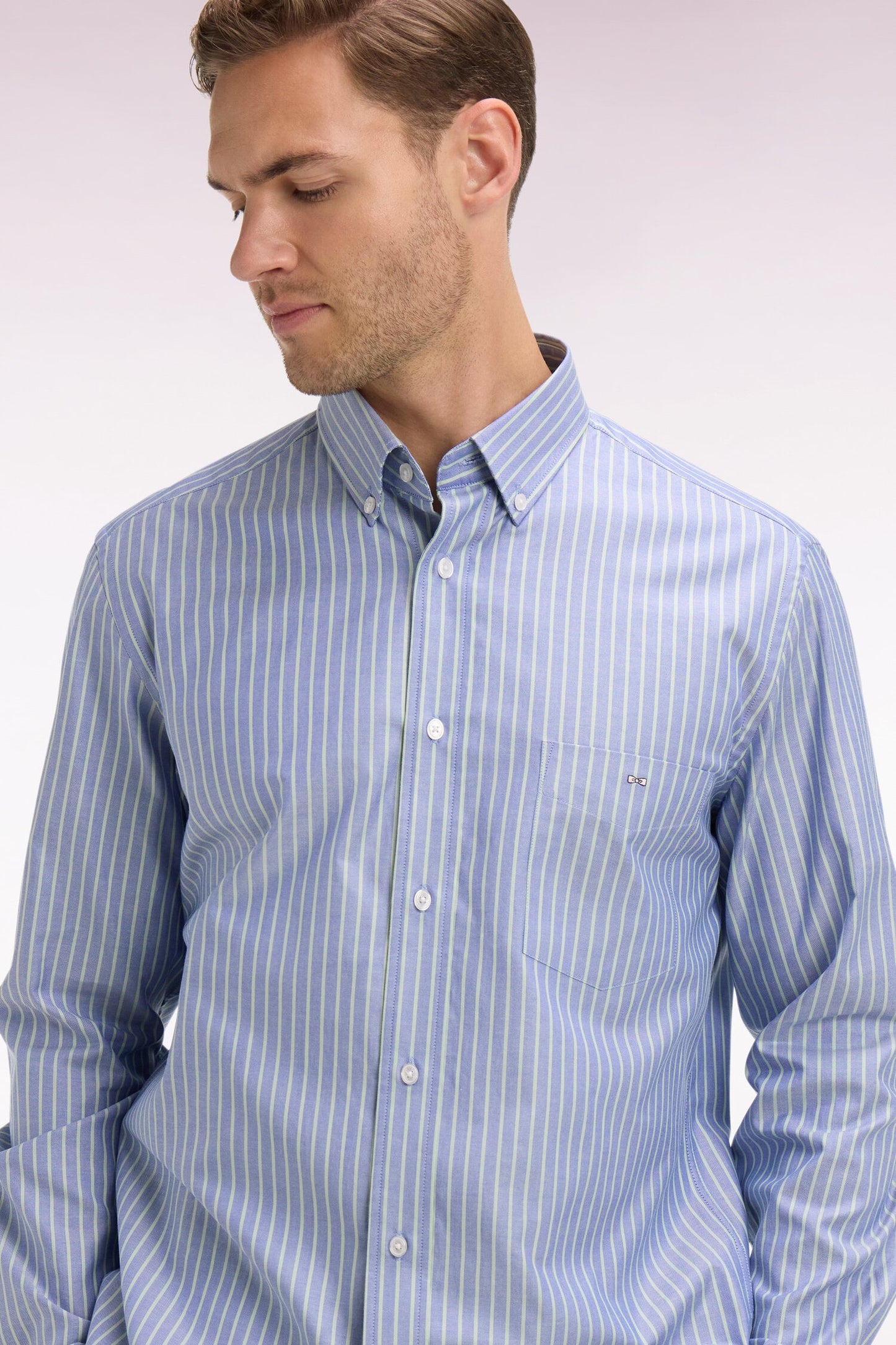 Chemise en coton pinpoint à rayures vert d'eau coupe regular