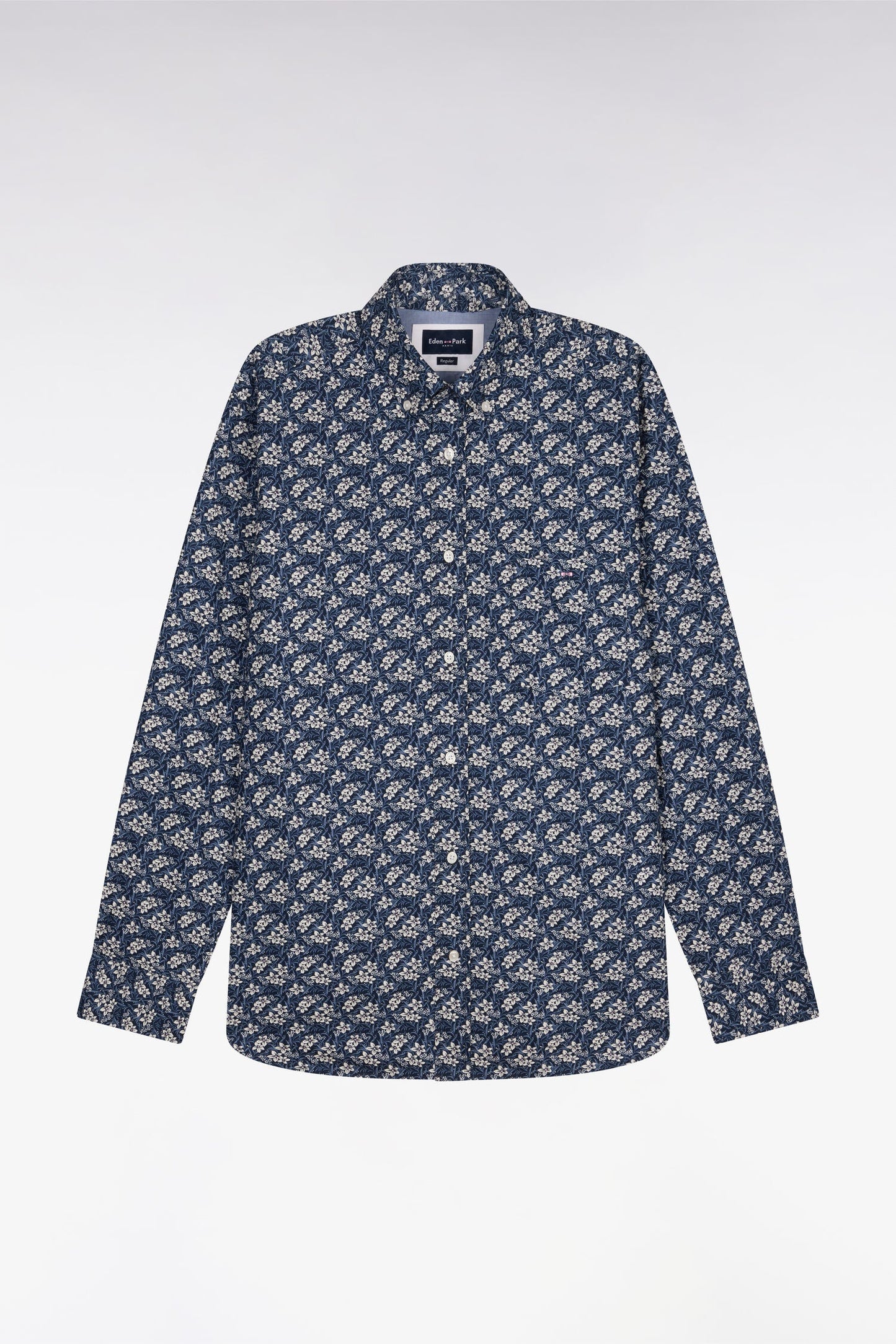 Chemise en popeline de coton bleu à motif floral coupe regular