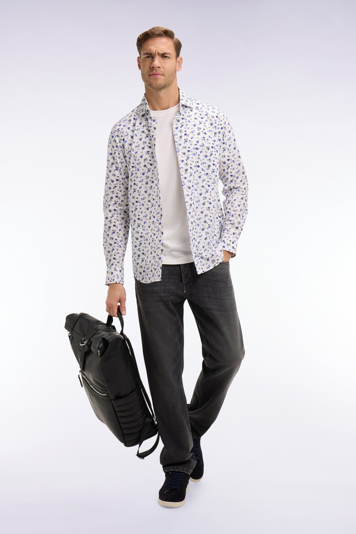 Chemise en popeline de coton imprimé floral bleu coupe slim