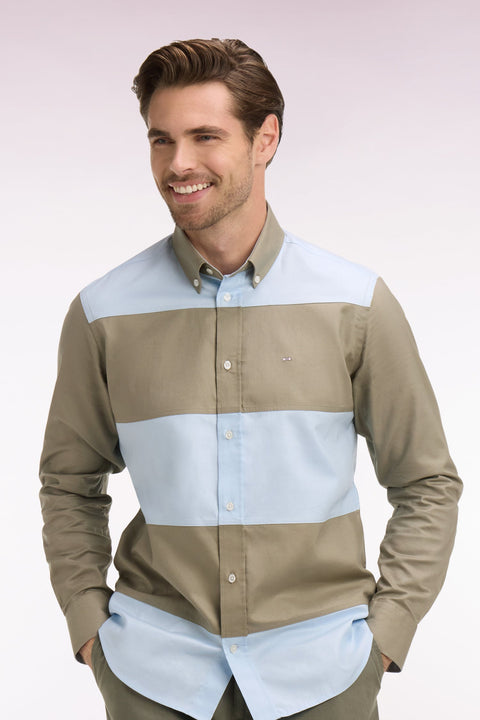 Chemise en coton à rayures rugby beige et ciel coupe regular - Image 1