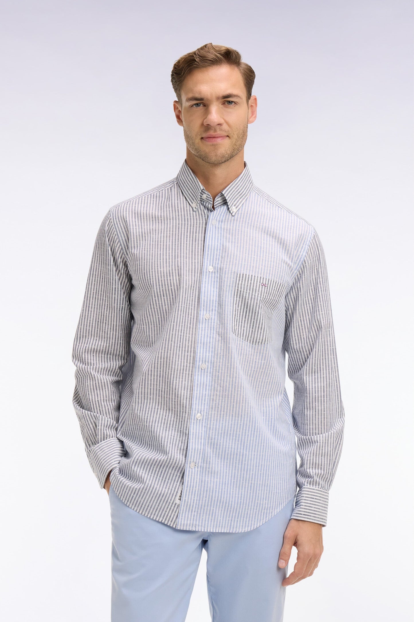 Chemise en coton jacquard Dobby à rayures bâtons bleues