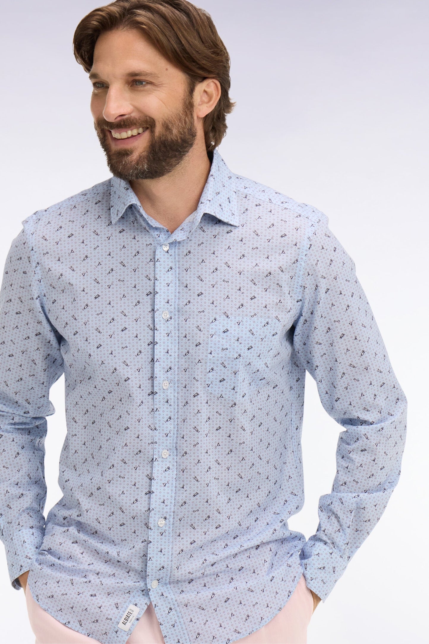 Chemise en popeline de coton bleu ciel à micromotifs coupe slim