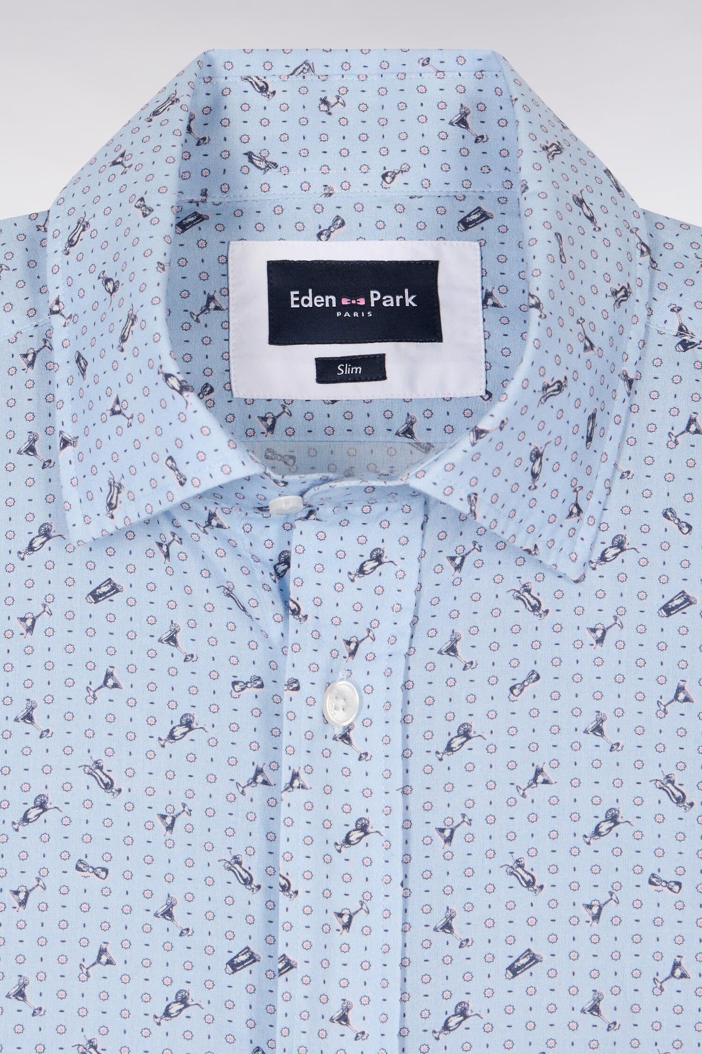 Chemise en popeline de coton bleu ciel à micromotifs coupe slim