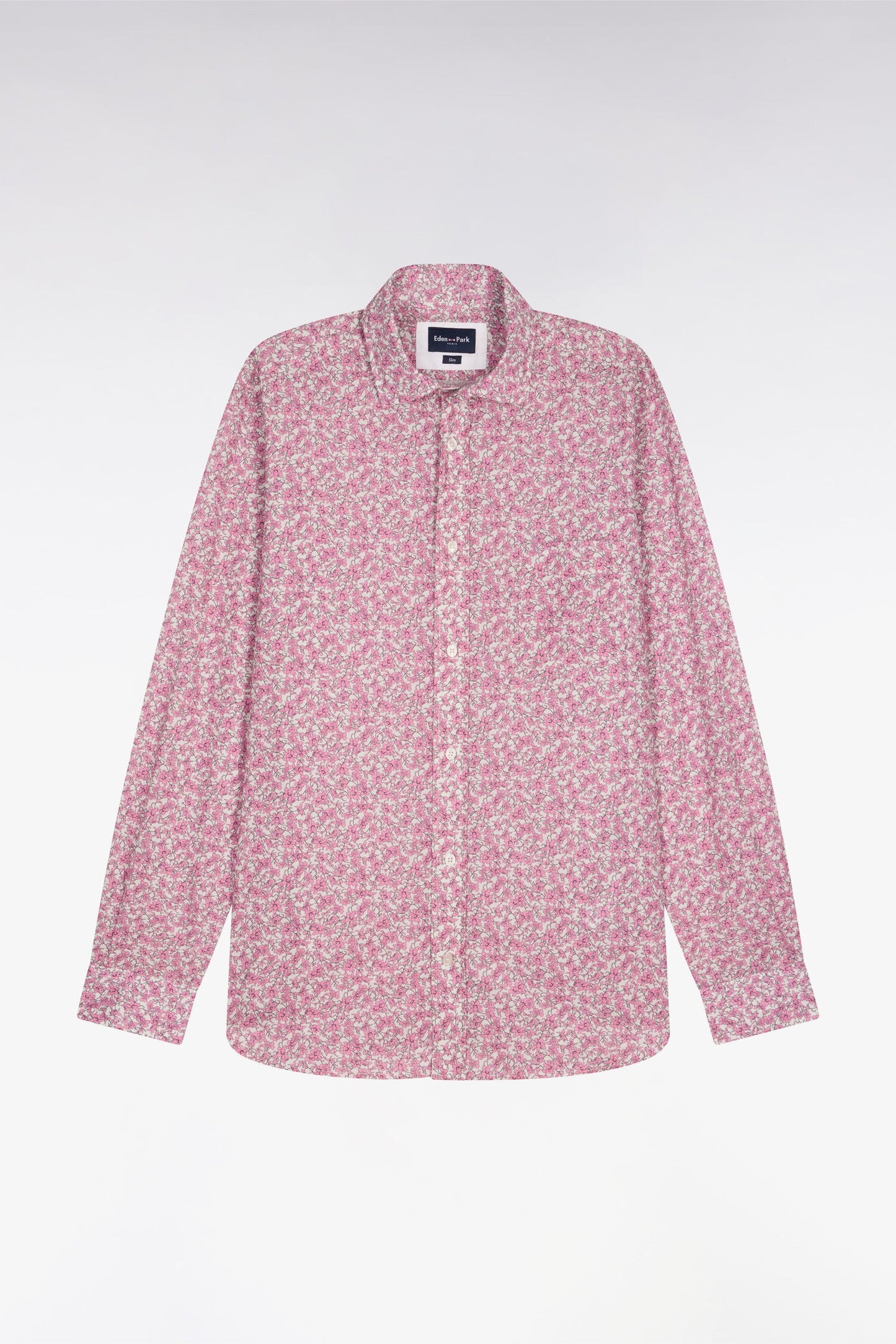 Chemise en popeline de coton rose à micromotifs floral coupe slim