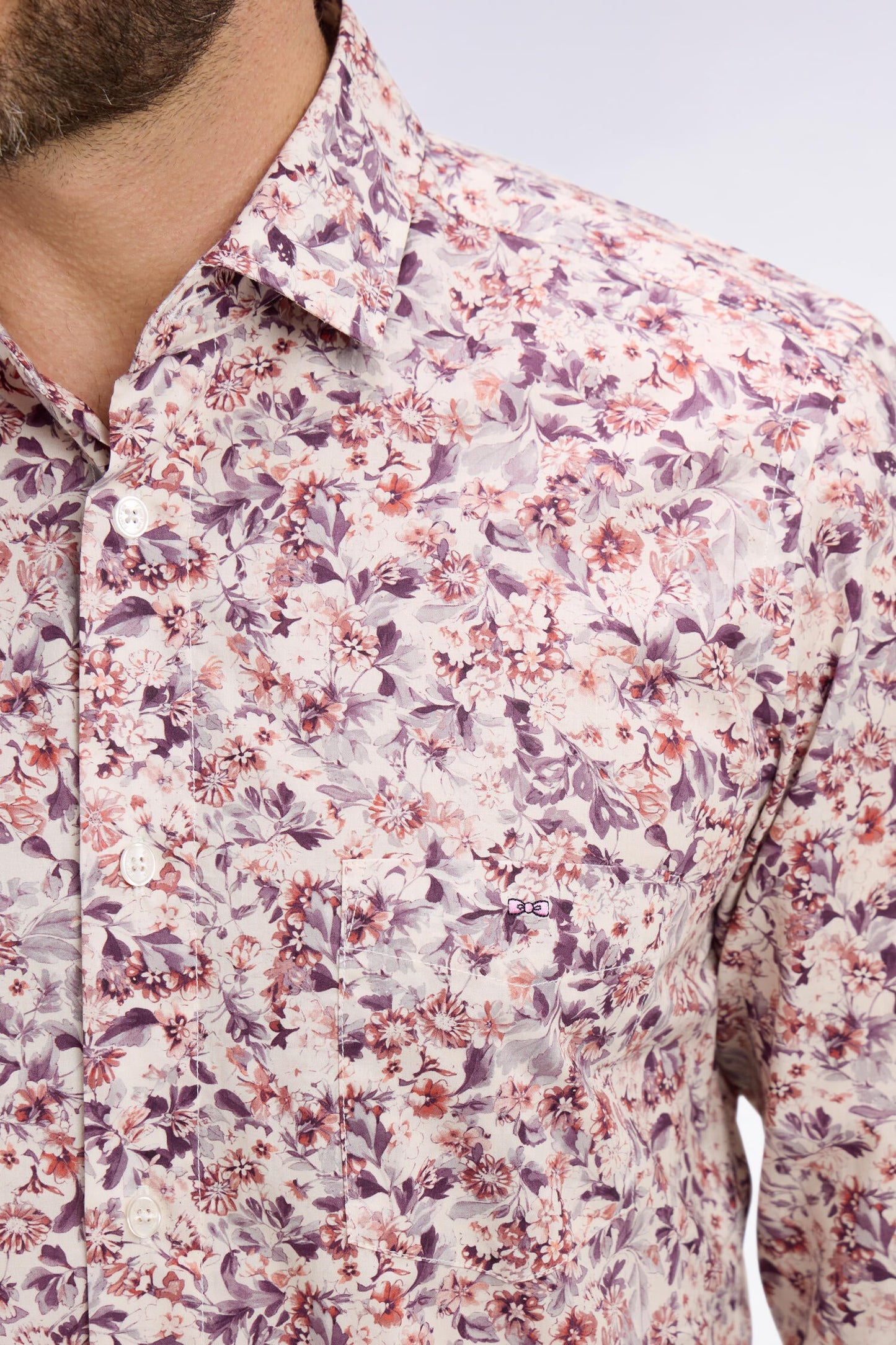 Chemise en popeline de coton blanche à microimprimé floral coupe slim