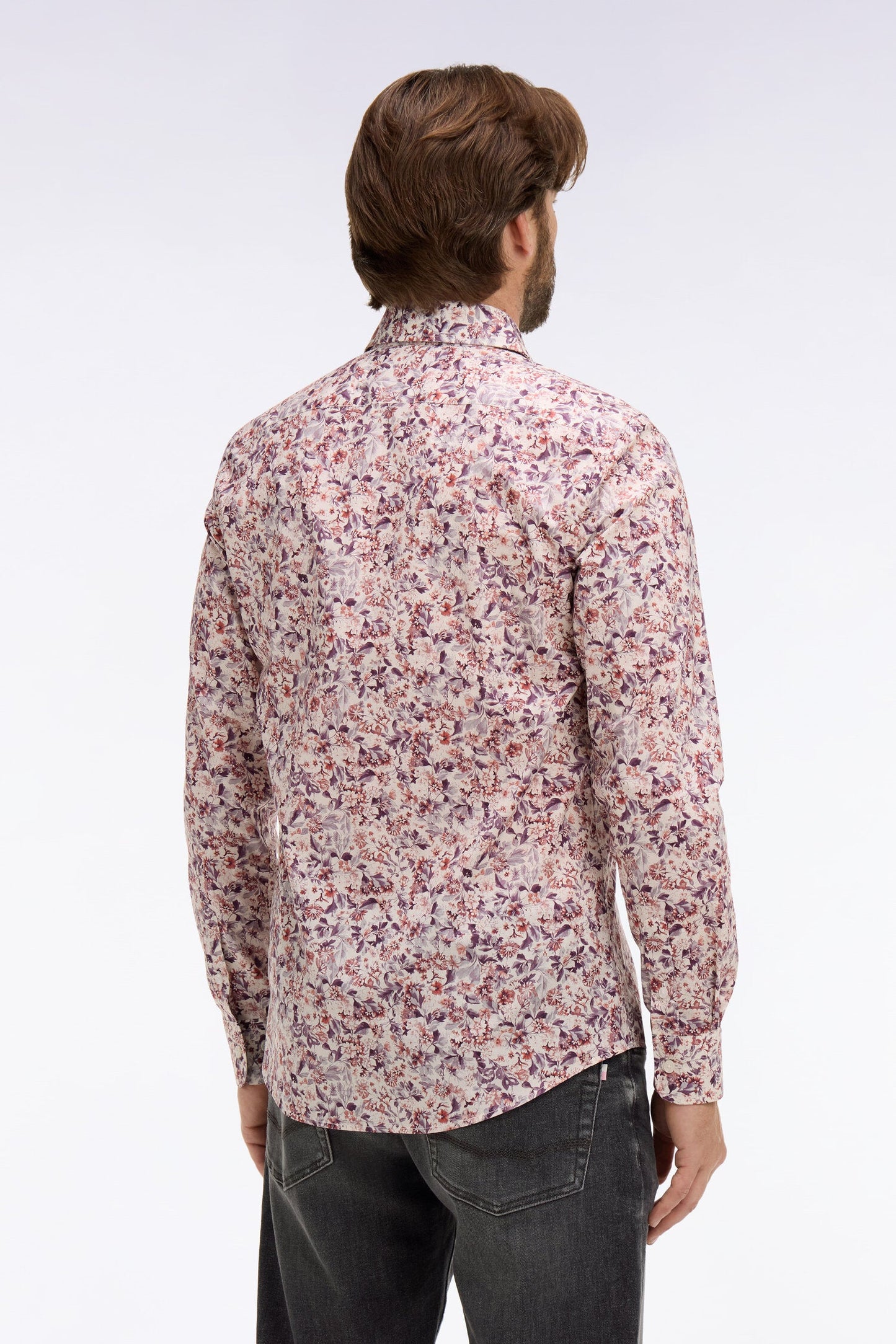 Chemise en popeline de coton blanche à microimprimé floral coupe slim