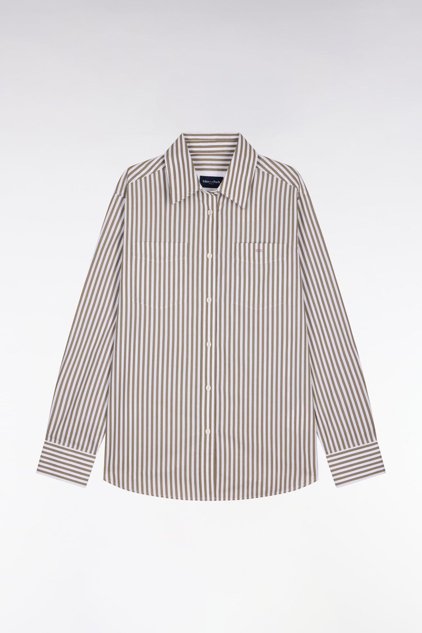 Chemise rayée en popeline de coton beige coupe slim
