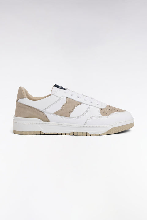 Sneakers bicolores en cuir lisse blanc et cuir suédé beige - Image 1