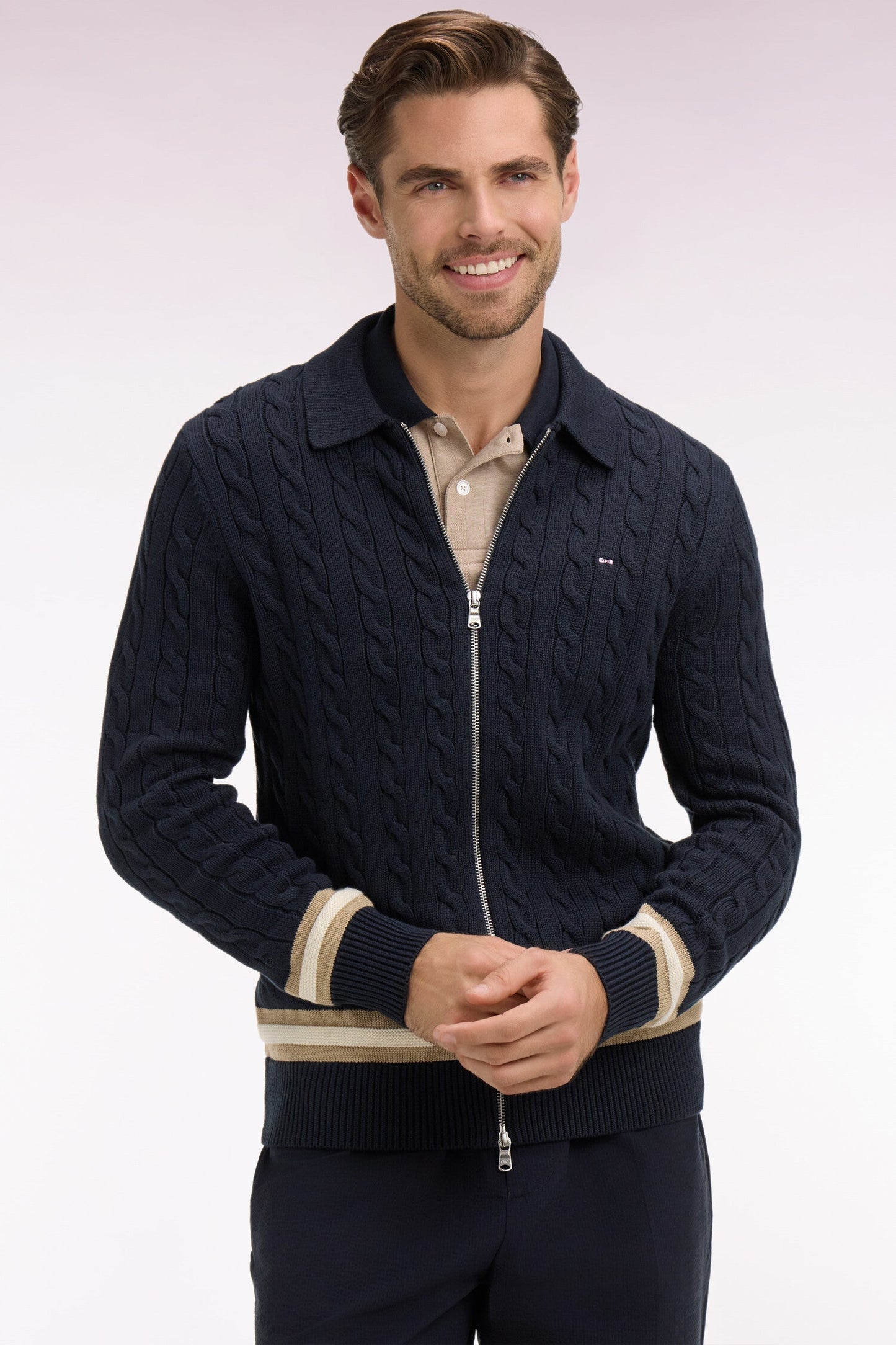 Cardigan zippé à torsade en coton marine