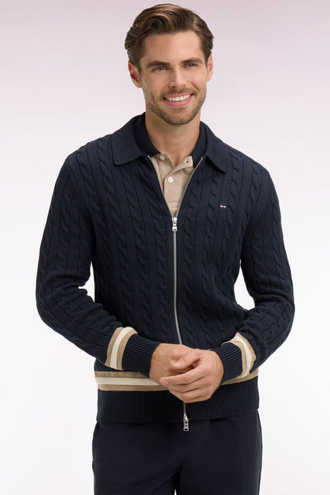Cardigan zippé à torsade en coton marine - Image 1