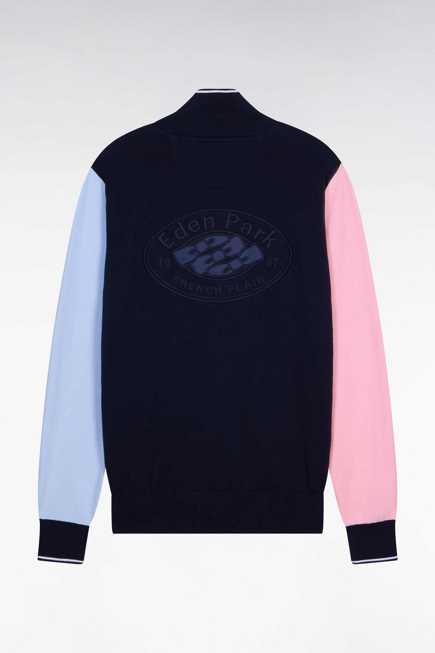Cardigan col camionneur en coton marine à manches contrastées