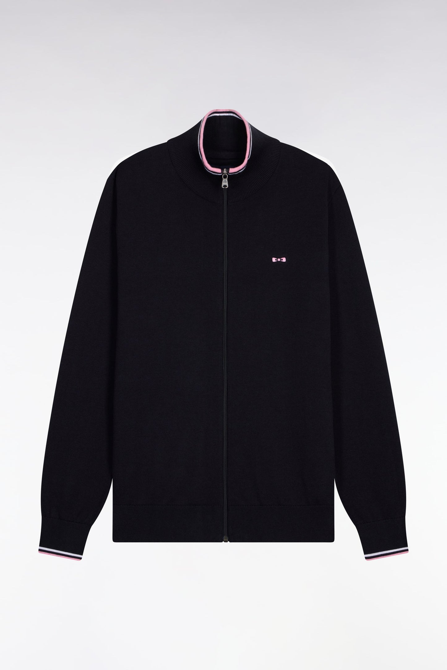 Cardigan zippé en coton marine à bords-côtes rayés