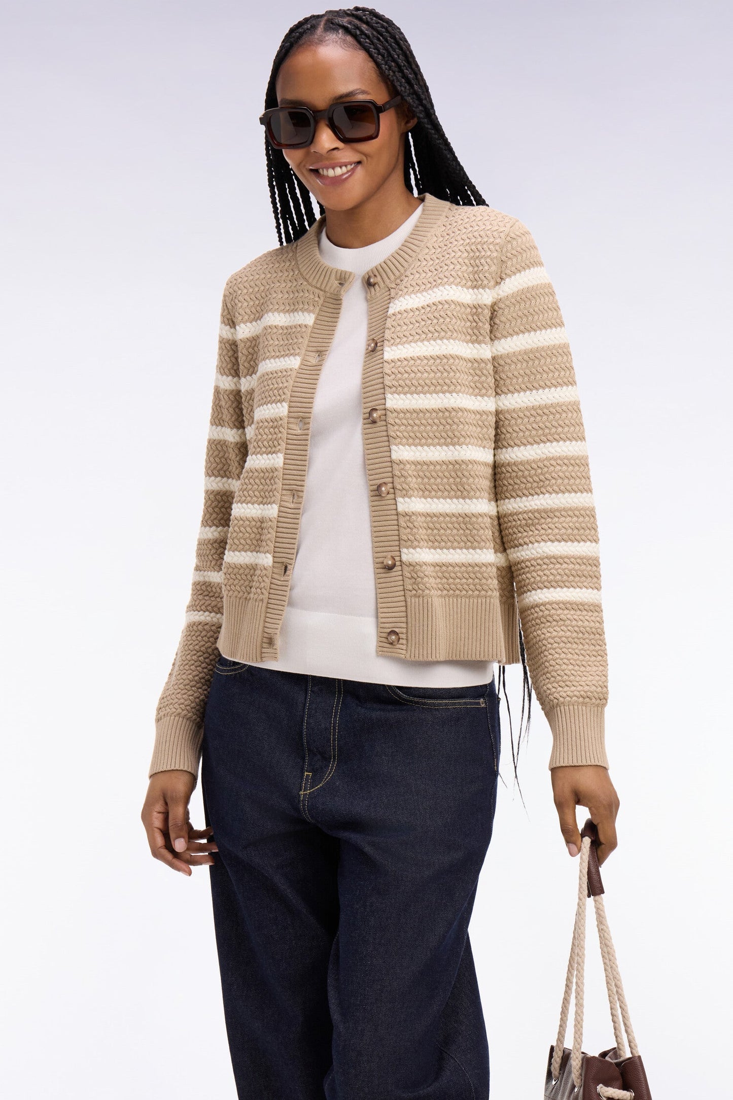 Cardigan marinière en maille tressée beige