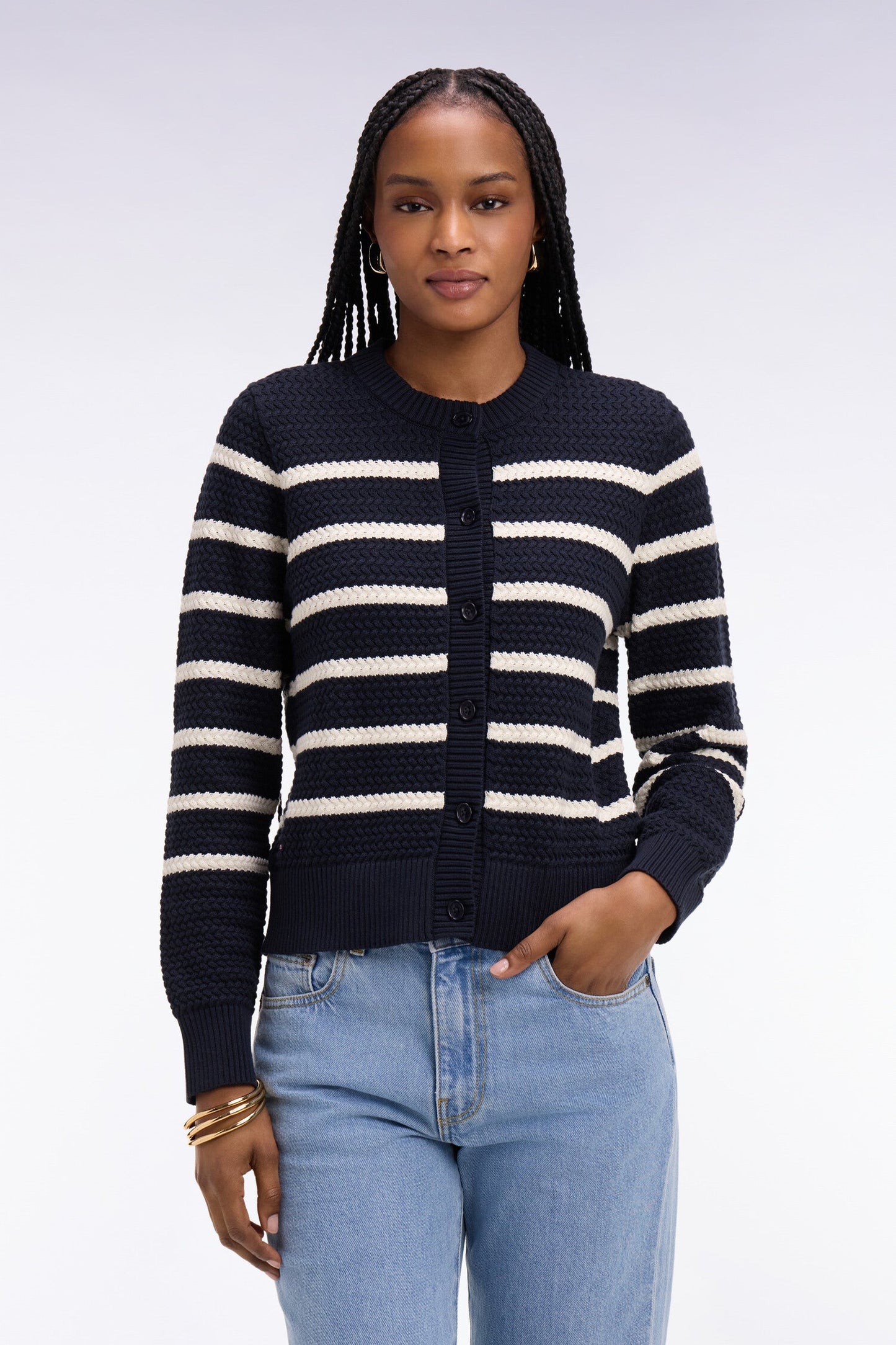 Cardigan marinière en maille tressée marine