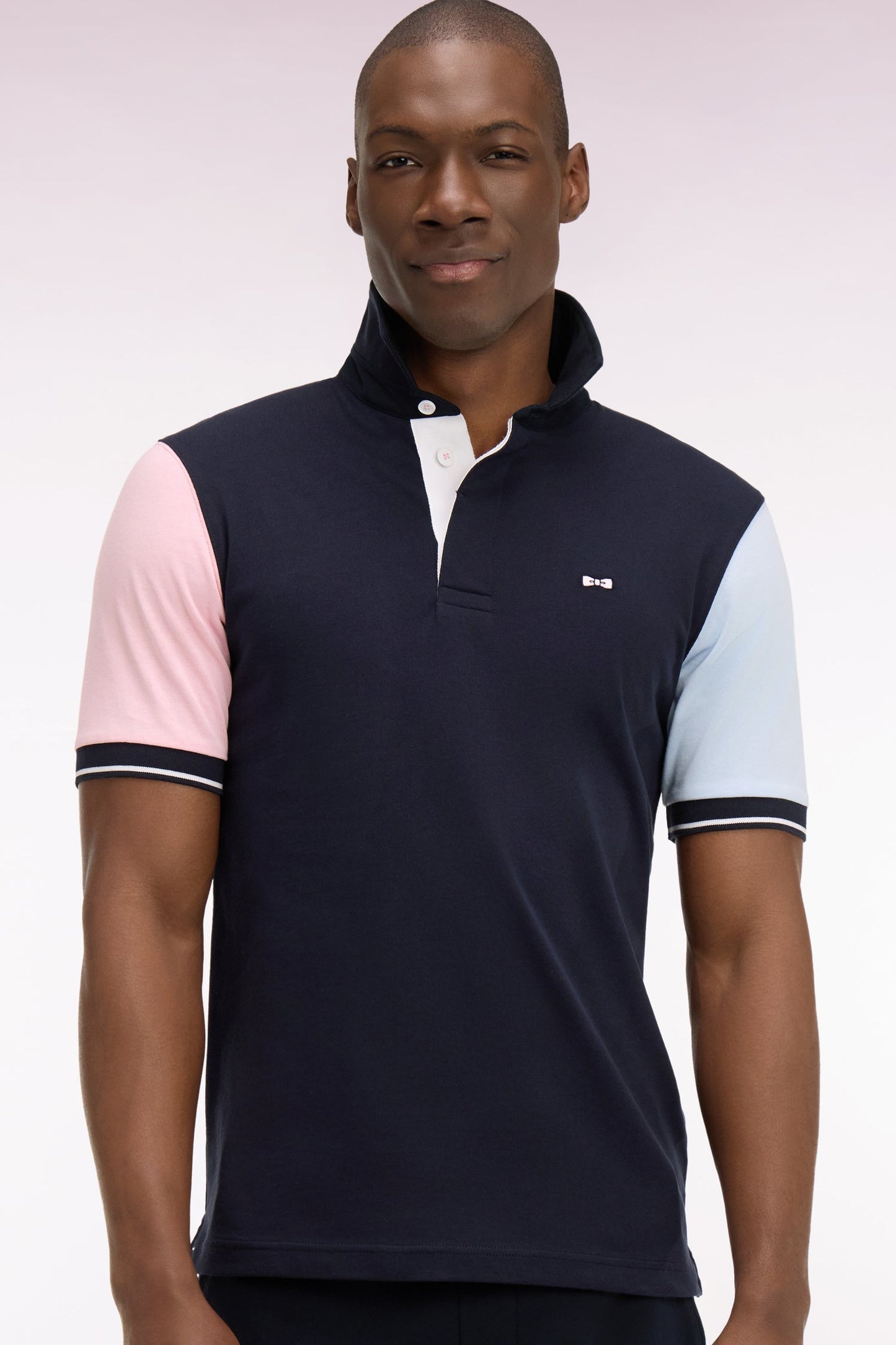 Maillot à manches courtes en jersey coton marine colorblock coupe regular