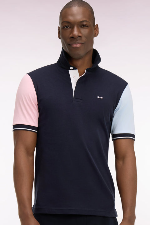 Maillot à manches courtes en jersey coton marine colorblock coupe regular - Image 1