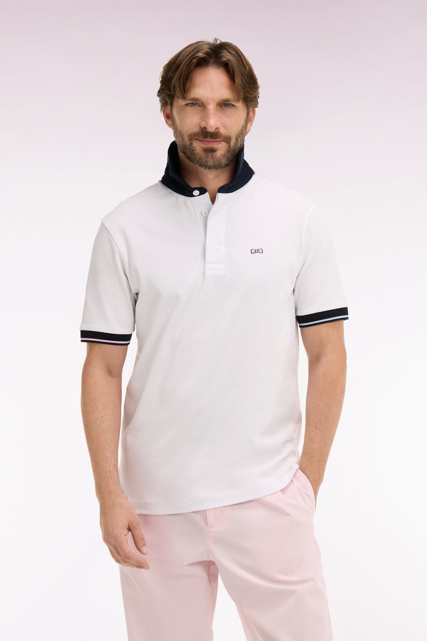 Maillot à manches courtes en coton blanc broderie marine coupe regular