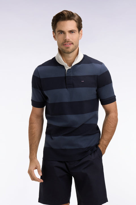 Maillot à manches courtes en coton rayé marine et gris coupe regular - Image 3