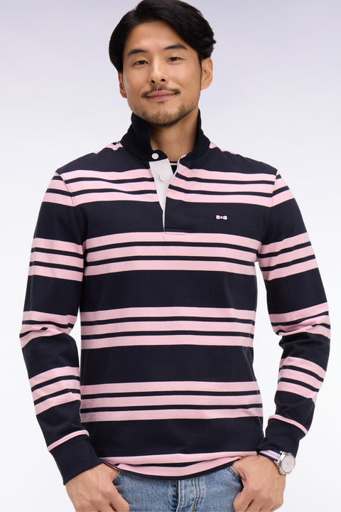 Maillot à manches longues en coton rayé marine et rose - Image 1