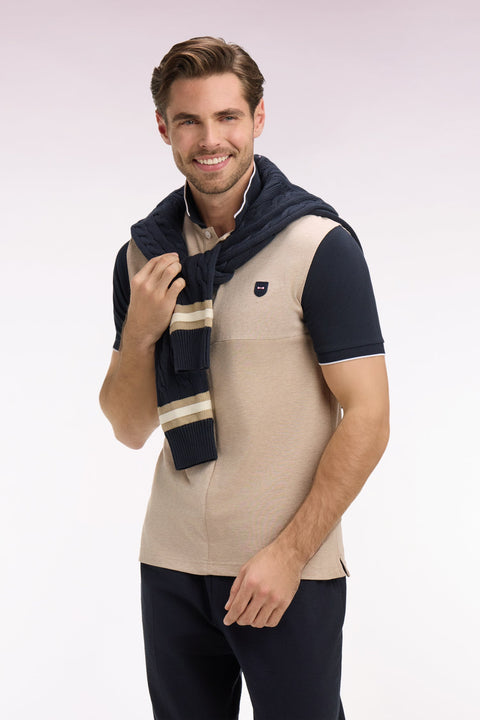 Polo manches courtes bicolore en coton beige à découpes coupe regular - Image 1