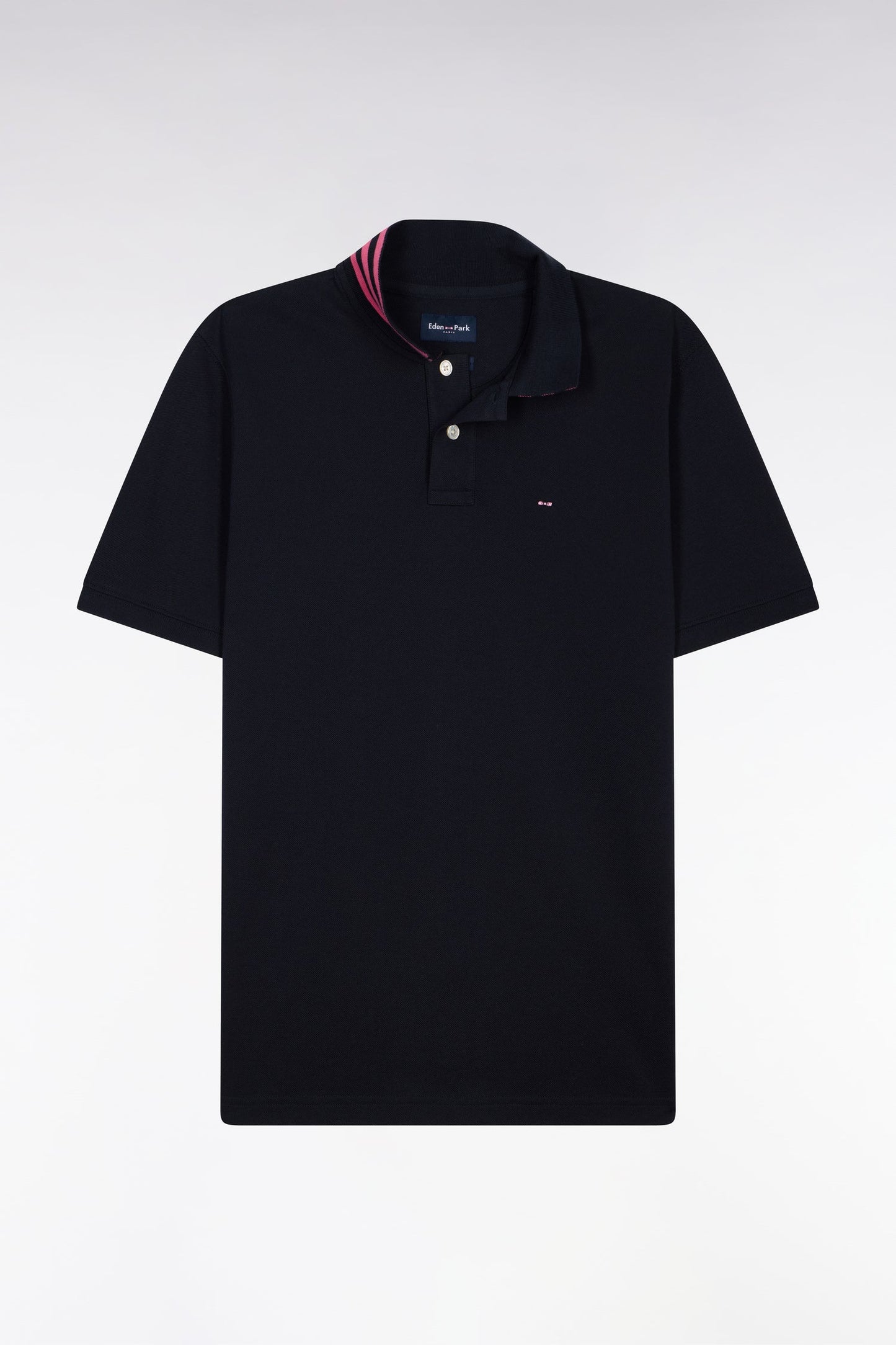 Polo manches courtes en piqué coton marine dessous de col rayé coupe slim