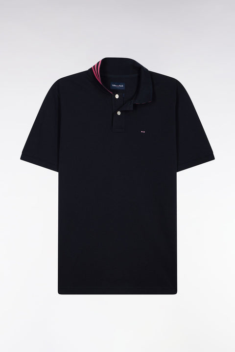 Polo manches courtes en piqué coton marine dessous de col rayé coupe slim - Image 2