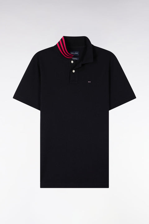 Polo manches courtes en piqué coton noir dessous de col rayé coupe slim - Image 2
