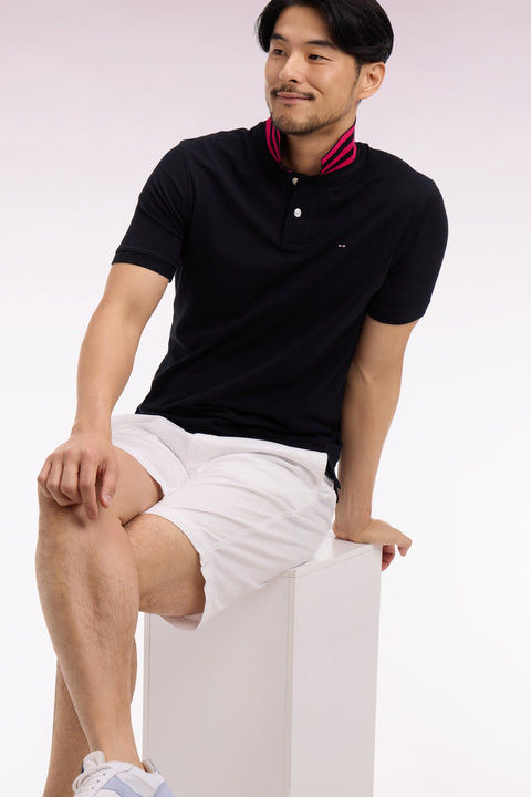 Polo manches courtes en piqué coton noir dessous de col rayé coupe slim - Image 1