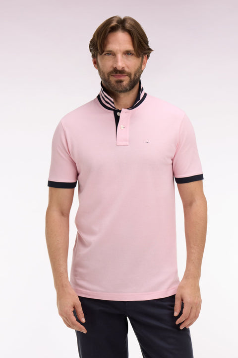 Polo manches courtes en piqué coton rose clair dessous de col rayé coupe slim - Image 3
