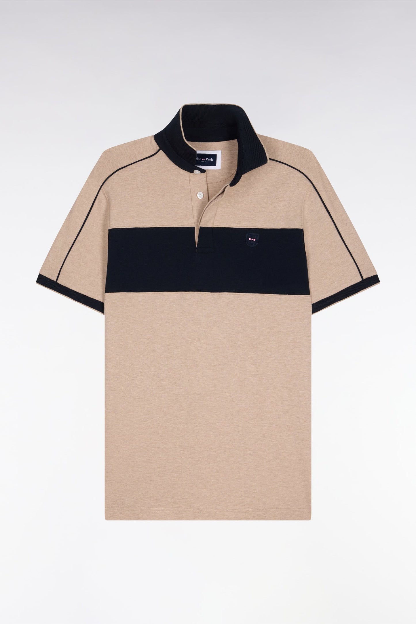 Polo à manches courtes en coton stretch marine et beige coupe slim