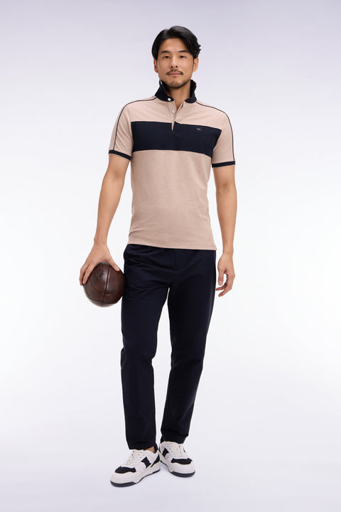 Polo à manches courtes en coton stretch marine et beige coupe slim - Image 1