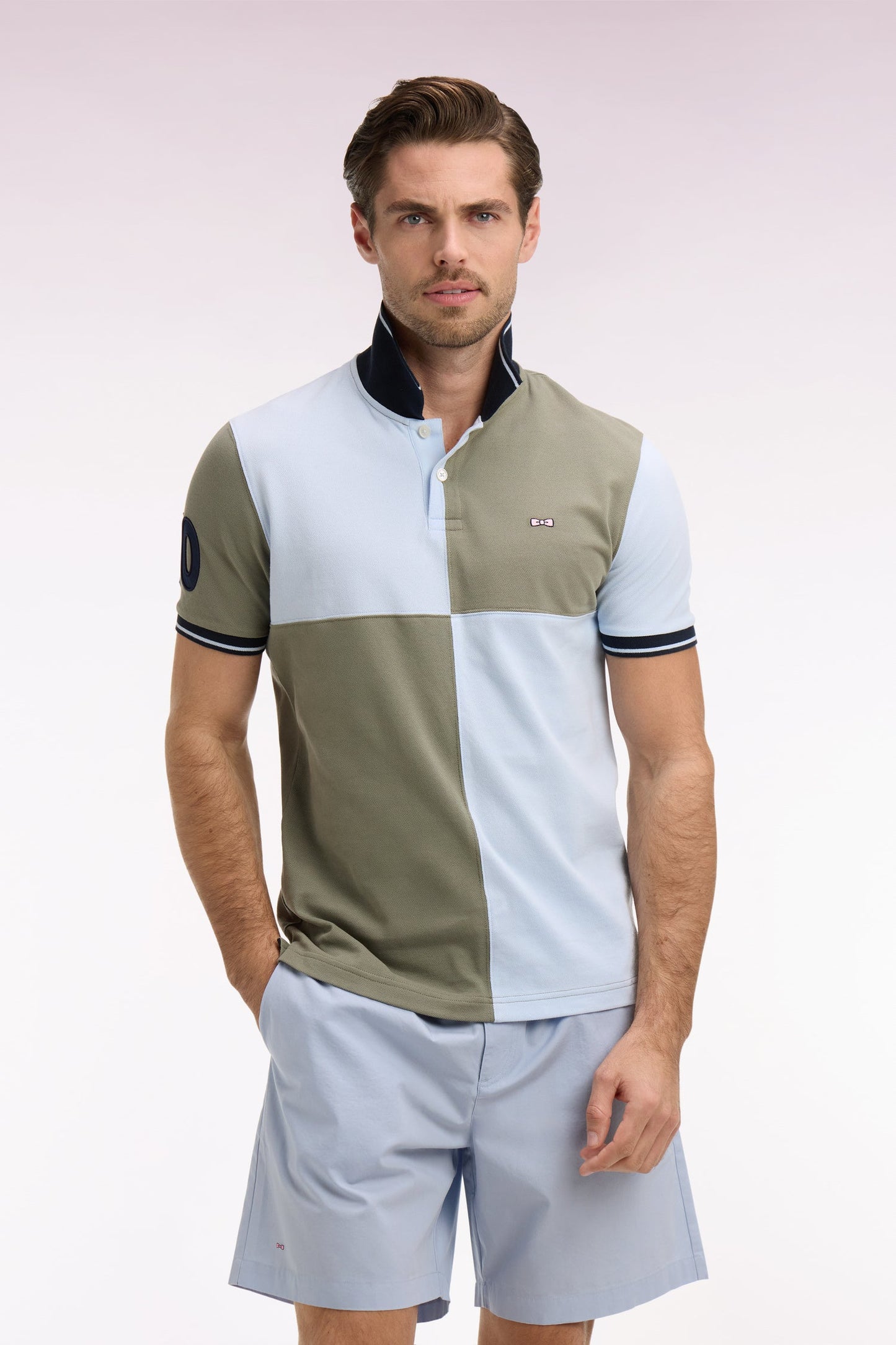 Polo à manches courtes en coton beige et ciel à cadrans coupe regular