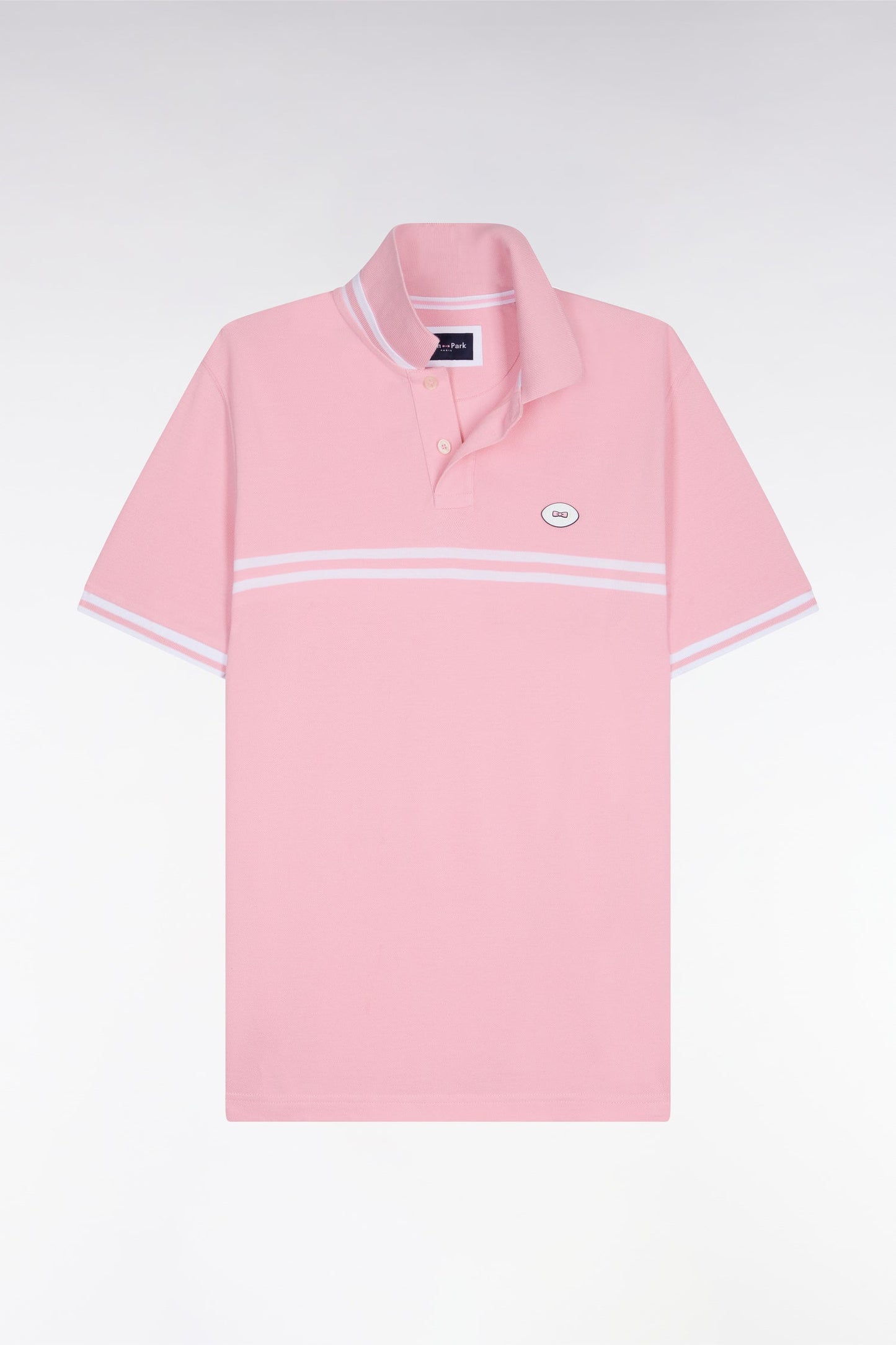 Polo à manches courtes en coton rose à rayures blanches coupe regular