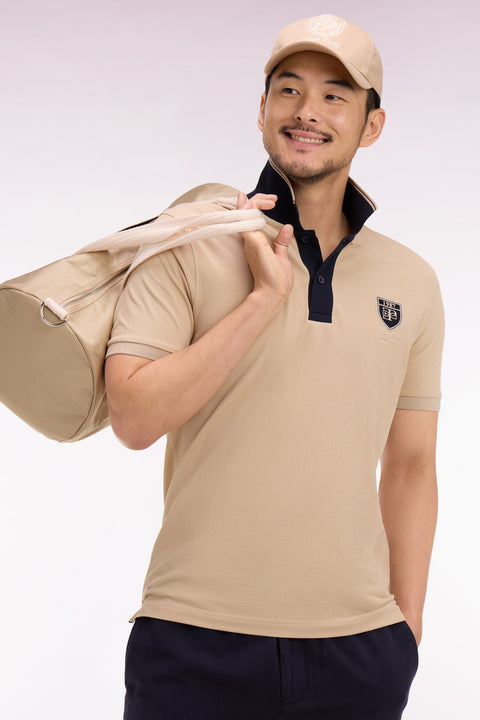 Polo à manches courtes en piqué coton beige écusson EP - Image 1