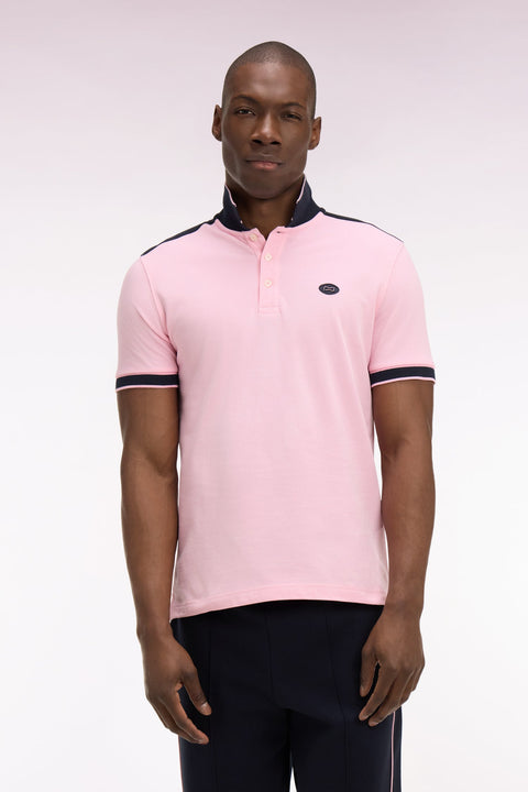 Polo à manches courtes en piqué coton rose à découpes marine - Image 3