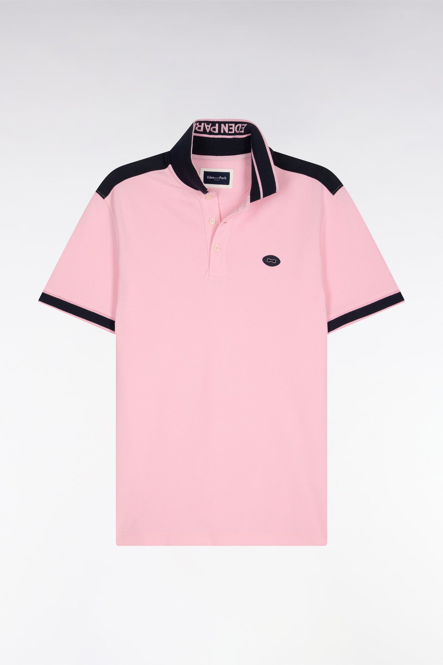 Polo à manches courtes en piqué coton rose à découpes marine