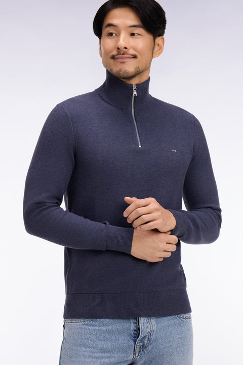 Pull col camionneur en coton bleu foncé - Image 1