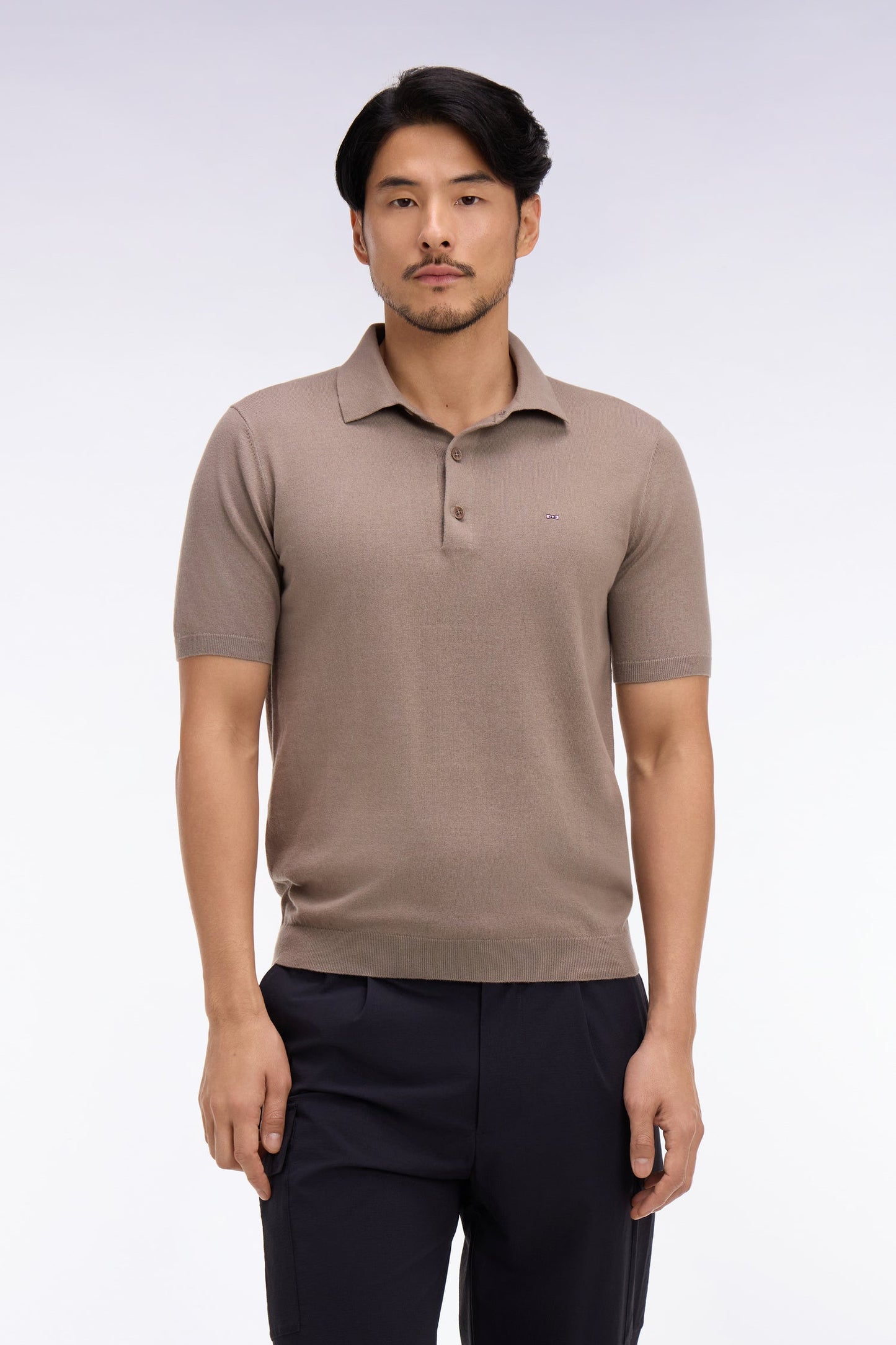Pull manches courtes col polo en coton et soie mélangés beige