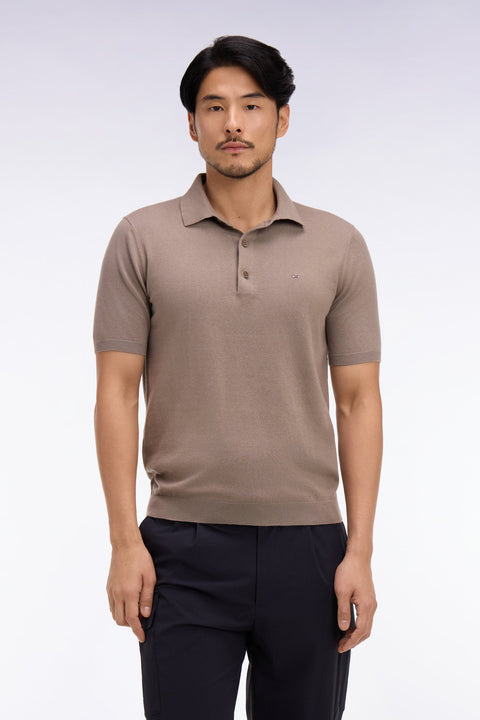 Pull manches courtes col polo en coton et soie mélangés beige - Image 3