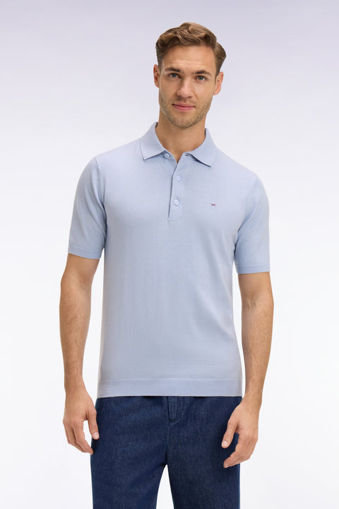 Pull manches courtes col polo en coton et soie mélangés bleu ciel - Image 3